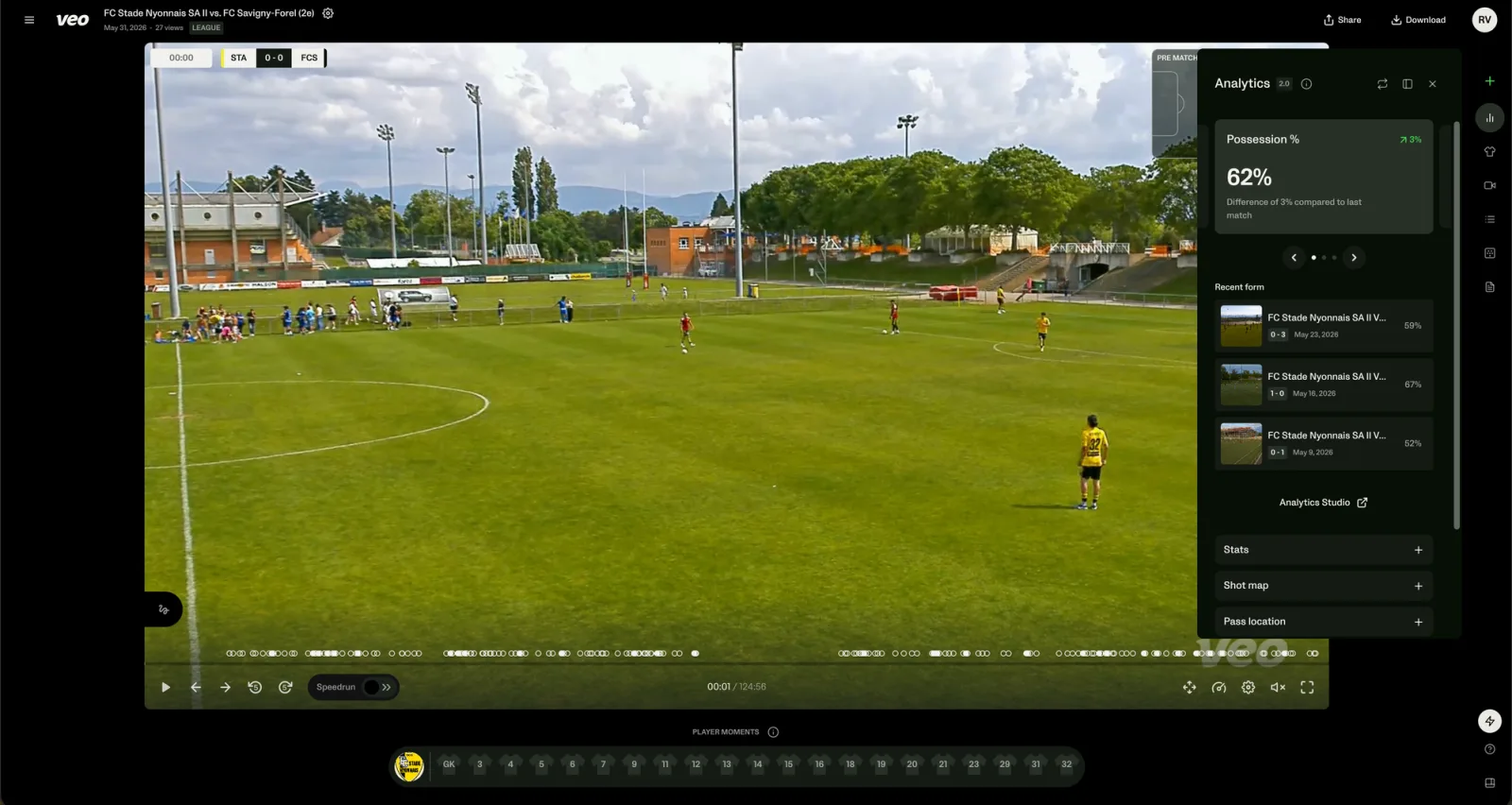 L'analyse en direct dans le lecteur Veo : possession, forme récente et plus encore.